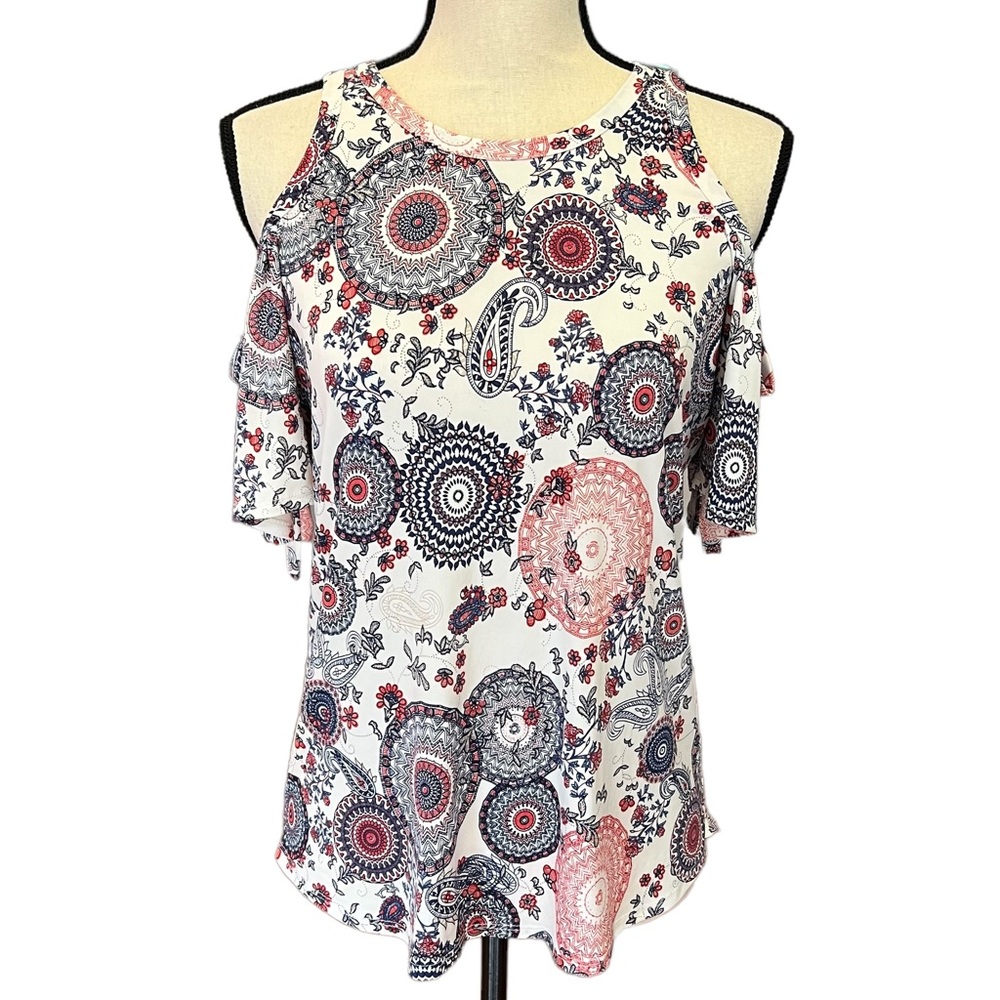 Veronica M Red White & Blue Cold Shoulder Printed Top